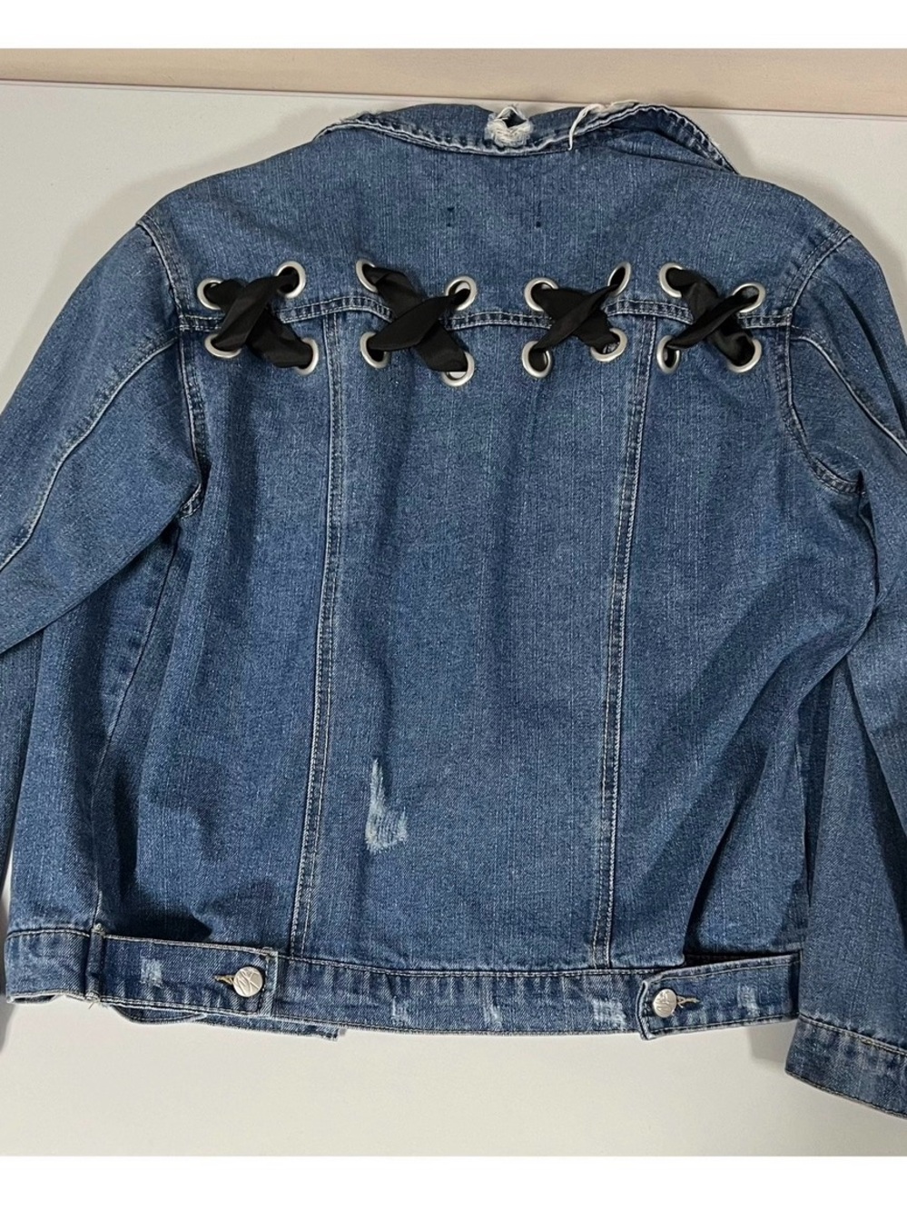 Crave Fame Blue Black Criss-Cross Jean Denim Jacket Coat Outerwear Size M 💙🖤